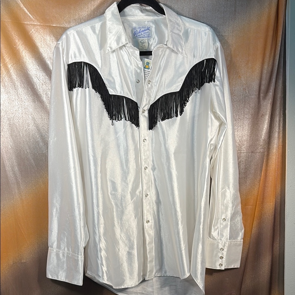 Vintage Rockmount Ranch Wear Panhandle White Black Fringe Button-Down Shirt H1